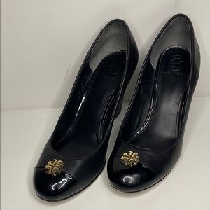 Tory Burch Black and Gold Heels with Patent Finish